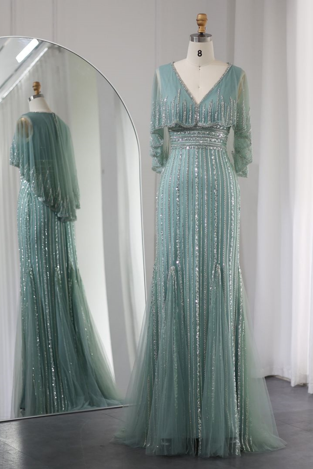 Bmbridal A-Line 3/4 Sleeve V-Neck Tulle Floor-Length Prom Dresses with Beadings