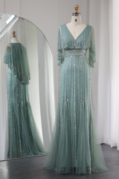 Bmbridal A-Line 3/4 Sleeve V-Neck Tulle Floor-Length Prom Dresses with Beadings