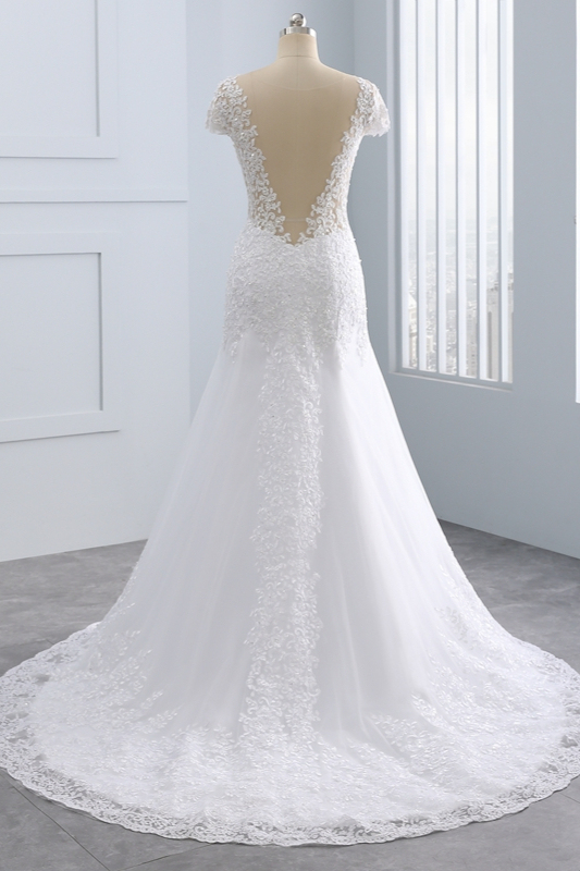 BMbridal Chic Jewel Mermaid Tulle Lace Wedding Dress Short-Sleeves Beadings Appliques Bridal Gowns On Sale-BMbridal