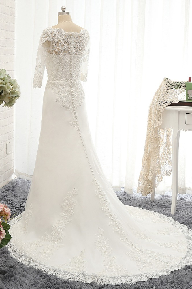 BMbridal Affordable Jewel White Tulle Lace Wedding Dress Half Sleeves Appliques Bridal Gowns Online
