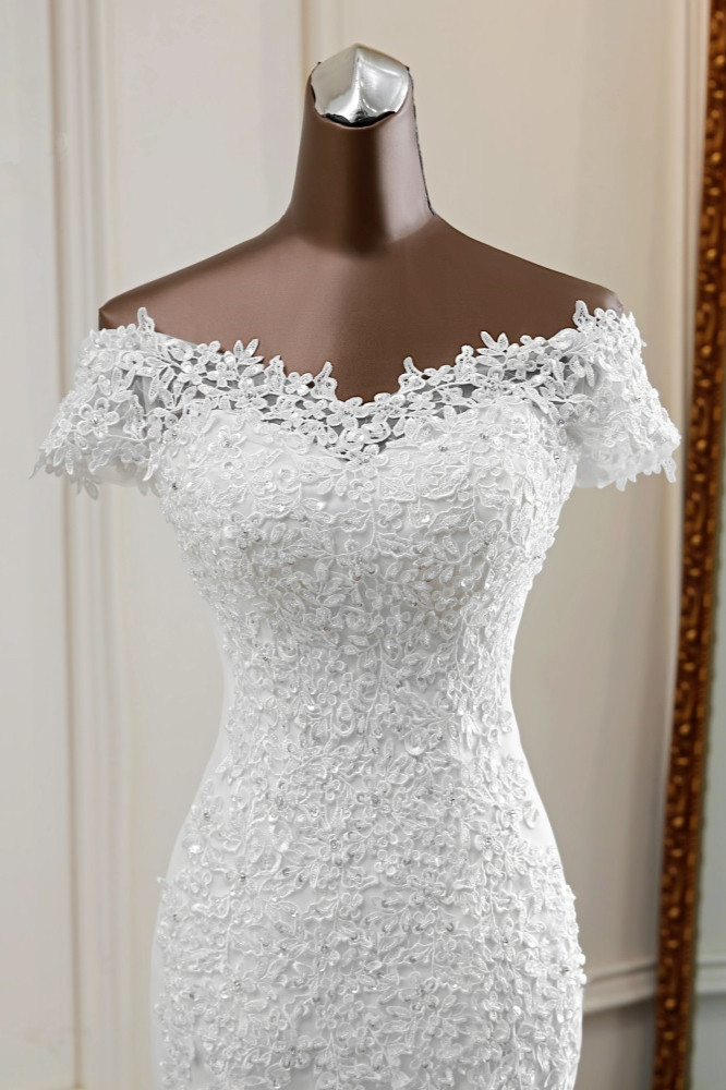 BMbridal Glamorous Sweetheart Lace Beading Wedding Dresses Short Sleeves Appliques Mermaid Bridal Gowns-BMbridal