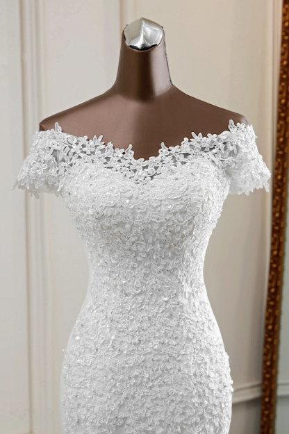 BMbridal Glamorous Sweetheart Lace Beading Wedding Dresses Short Sleeves Appliques Mermaid Bridal Gowns-BMbridal