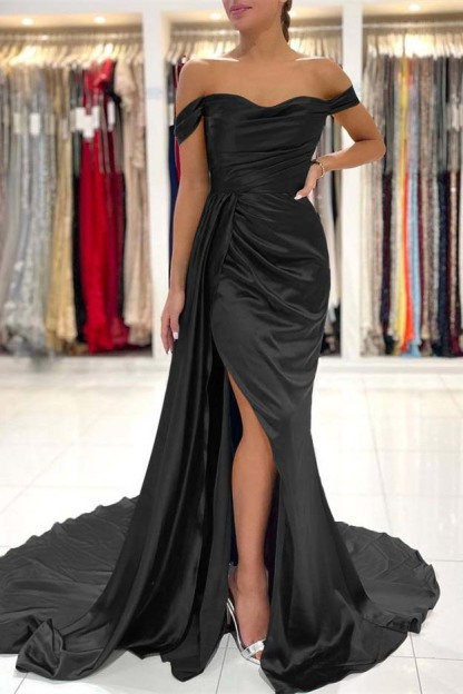 Mermaid Dark Green Pleated Off the Shoulder Long Prom Dress Split With Ruffles