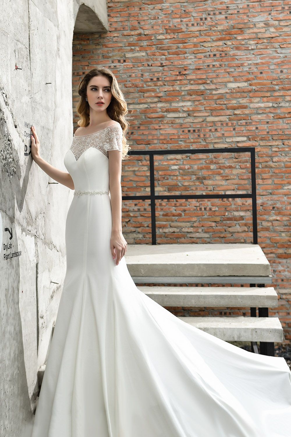 BMbridal Mermaid Satin Lace Off the Shoulder Affordable Ivory Wedding Dress