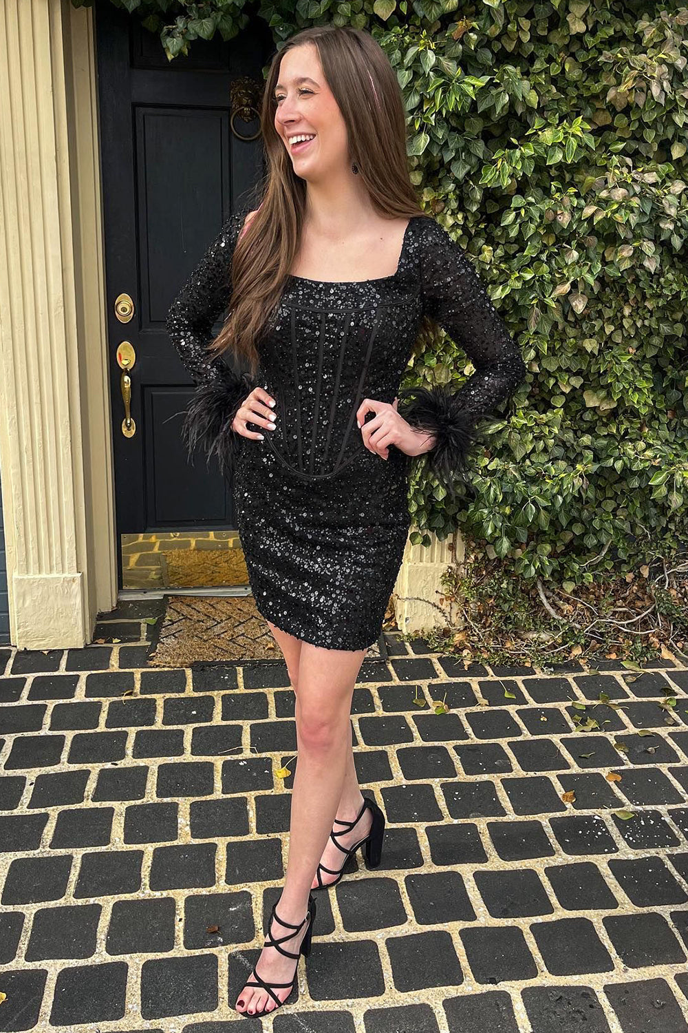 Sparkly Black Corset Long Sleeves Tight Short Hoco Dress with Feathers-BMbridal