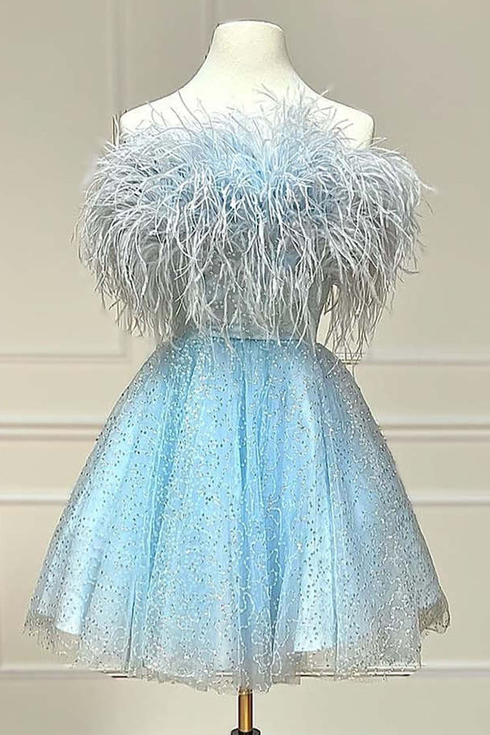 Light Blue A-Line Strapless Homecoming Dress with Feathers-BMbridal