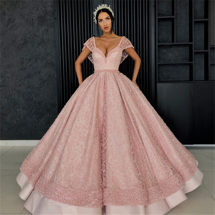 Bmbridal Cap Sleeves Ball Gown Prom Dress Pink With Pearls