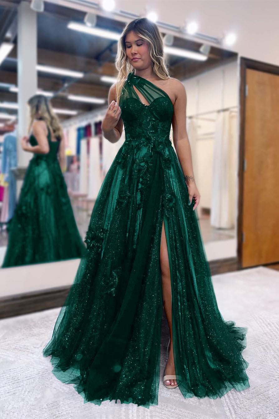 Black One Shoulder A Line Prom Dress Side Split Tulle With Appliques