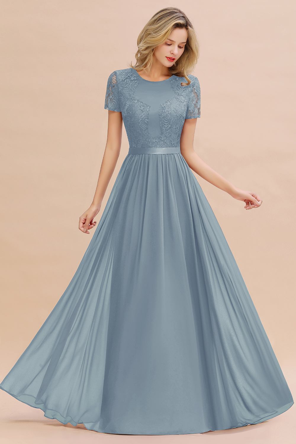 BMbridal Elegant Chiffon Lace Jewel Short-Sleeves Affordable Bridesmaid Dress-BMbridal