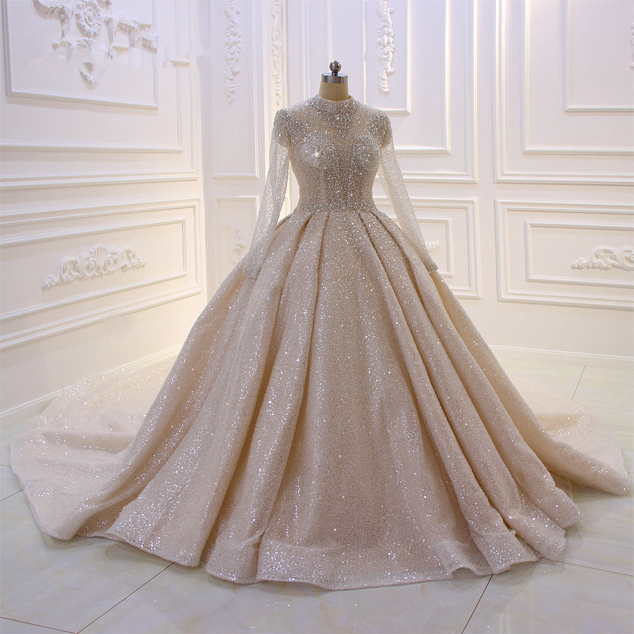 Stylish High-Neck Long Sleeves Satin Ball Gown Wedding Dress with Sequins