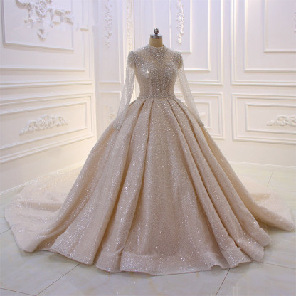 Stylish High-Neck Long Sleeves Satin Ball Gown Wedding Dress with Sequins