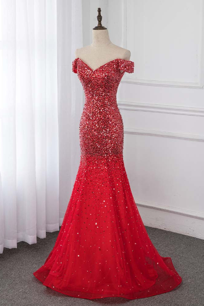 BMbridal Sparkly Off-the-Shoulder Sweetheart Mermaid Prom Dresses with Sequins