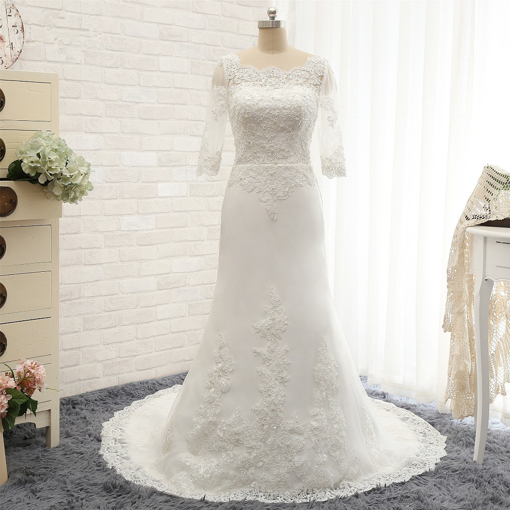 BMbridal Affordable Jewel White Tulle Lace Wedding Dress Half Sleeves Appliques Bridal Gowns Online