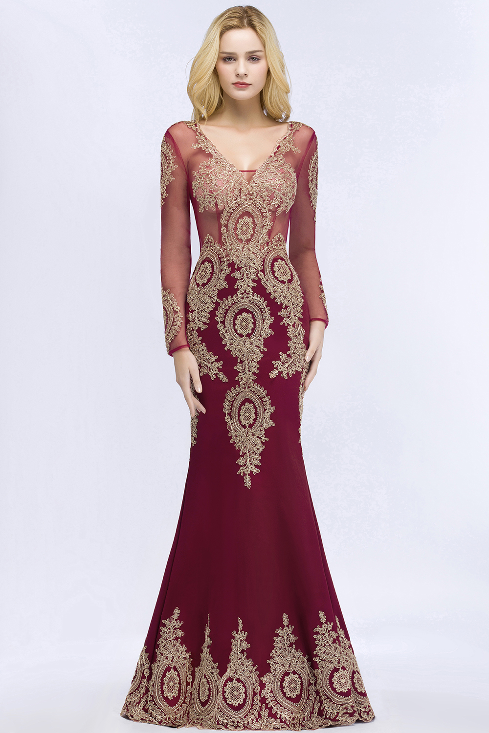 BMbridal Glamorous Long Sleeve Mermaid Prom Dress Long Evening Party Gowns With Lace Appliques