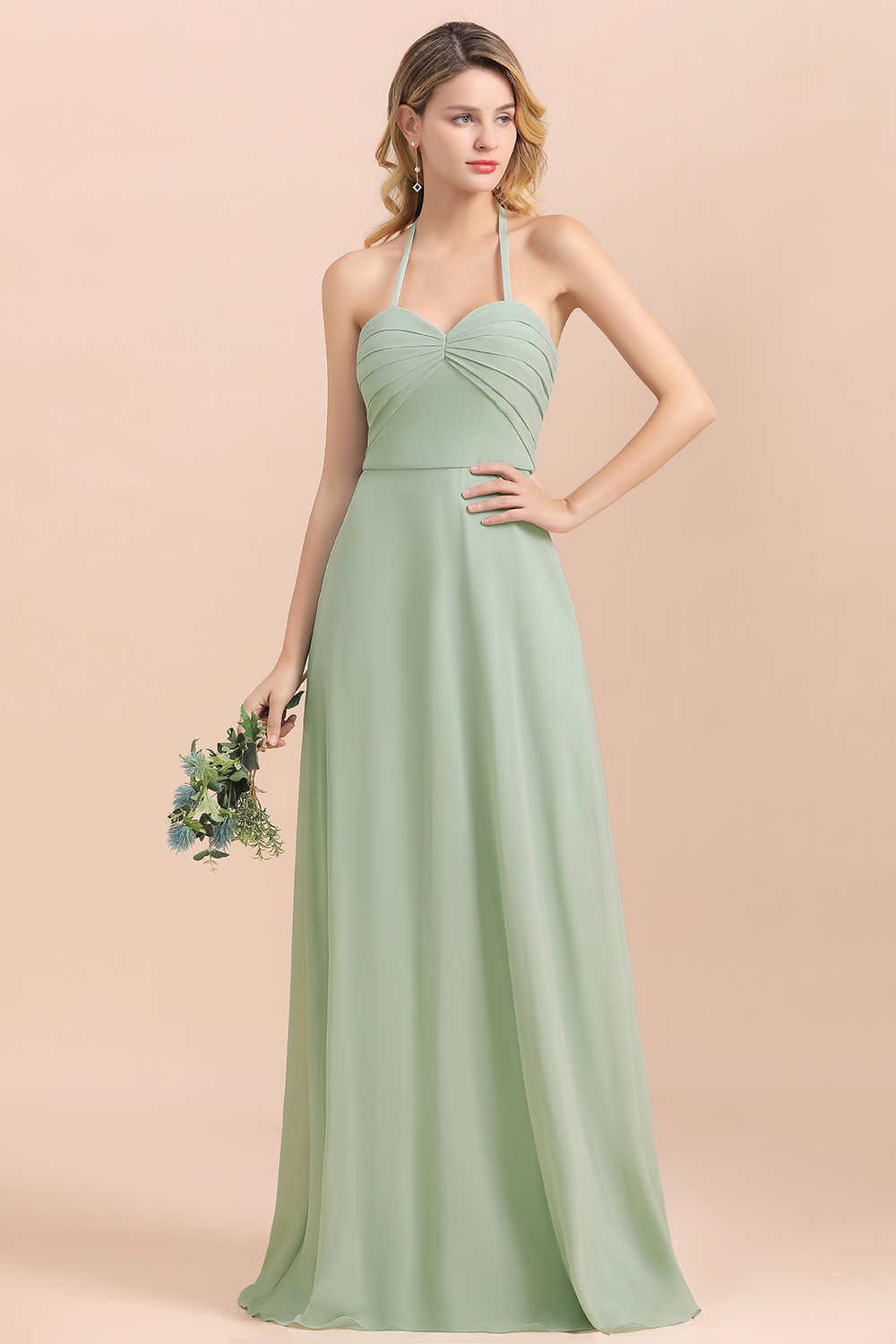 BMbridal Affordable Halter Sweetheart Chiffon Dusty Sage Bridesmaid Dresses-BMbridal