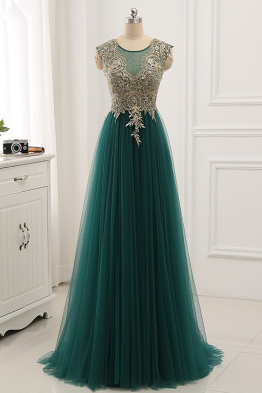 BMbridal Elegant Tulle Jewel Beading Appliques Prom Dresses with Ruffles Online