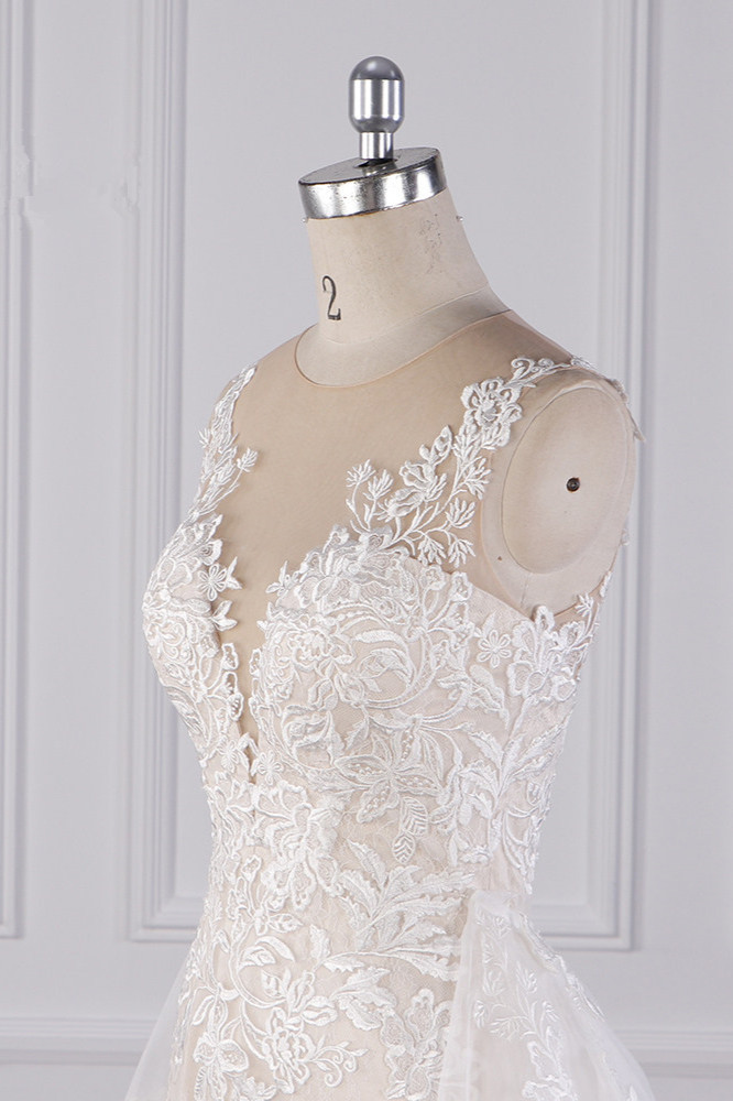 BMbridal Elegant Jewel Tulle Lace Wedding Dress Appliques Sleeveless Mermaid Bridal Gowns Online-BMbridal