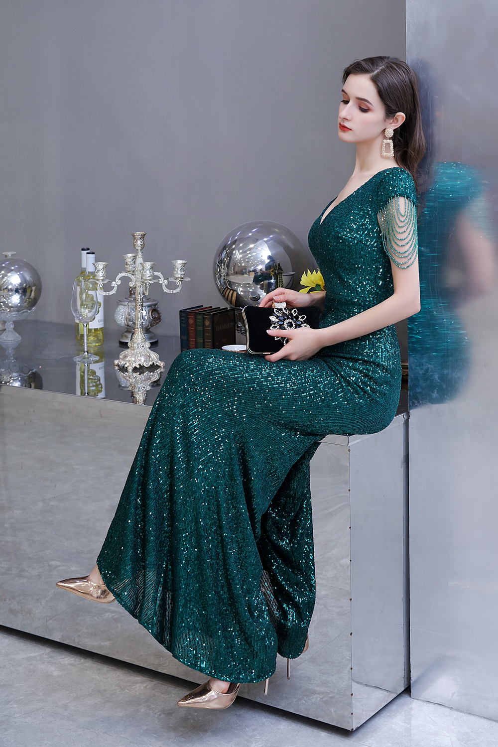 BMbridal Elegant Cap Sleeve Green Prom Dress Sequins Long Evening Gowns Online