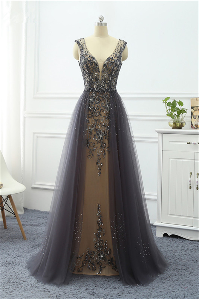 BMbridal Elegant Tulle V-Neck Ruffle Beadings Prom Dresses with Appliques