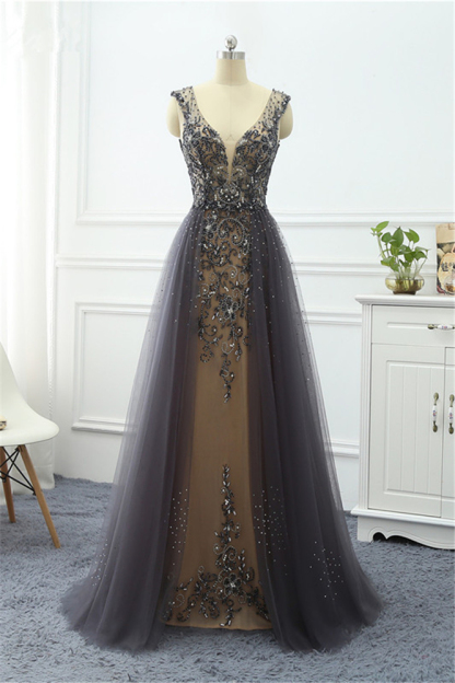 BMbridal Elegant Tulle V-Neck Ruffle Beadings Prom Dresses with Appliques