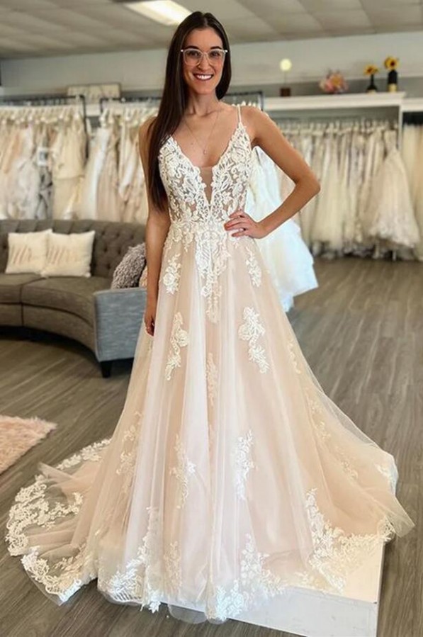 Bmbridal Champagne Sleeveless Wedding Dress Lace Appliques V-Neck-BMbridal