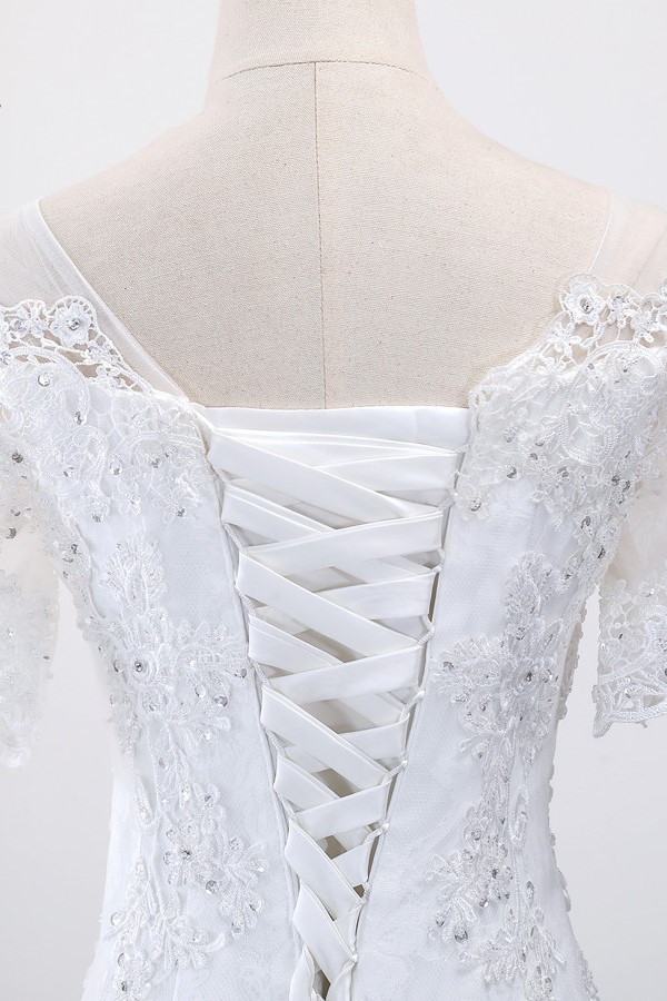 BMbridal Glamorous Jewel Tulle Lace Wedding Dress Mermaid Short Sleeves Beading Bridal Gowns Online