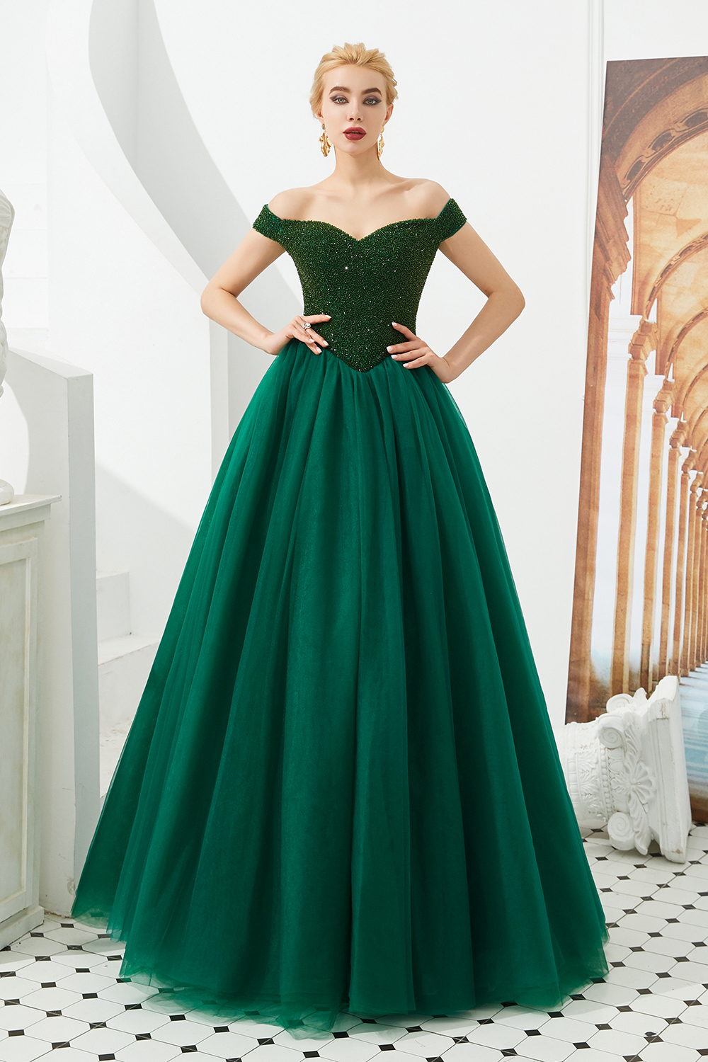 BMbridal Princess Off-the-Shoulder Prom Dress Beadings Sweetheart Ball Gown Evening Gowns