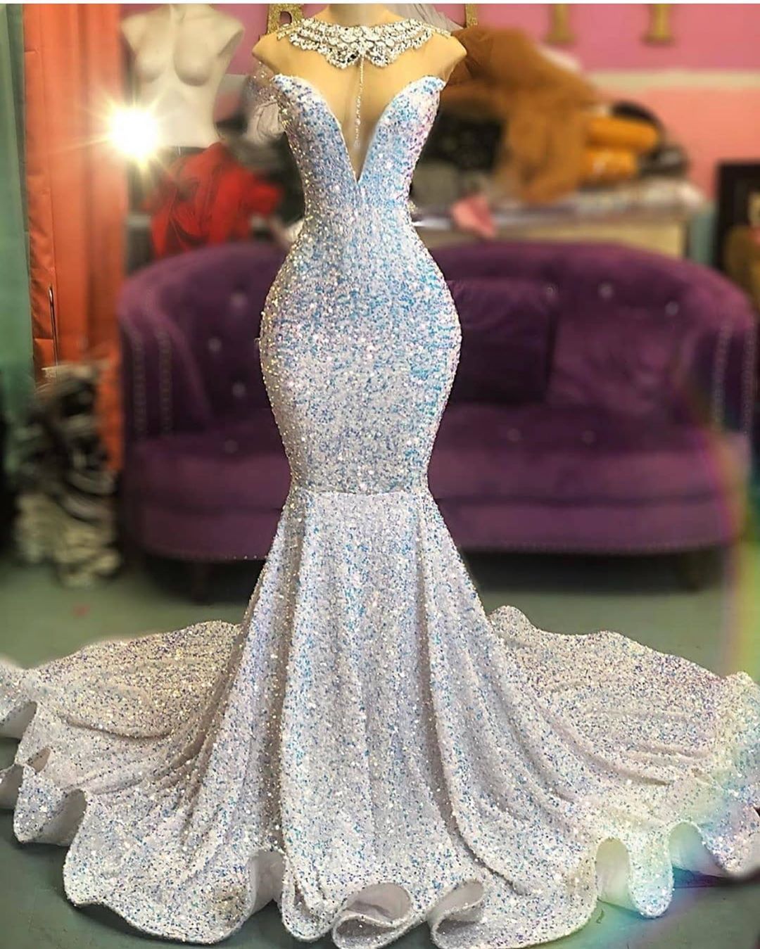 Bmbridal Sleeveless Sequiins Mermaid Long Evening Prom Dress