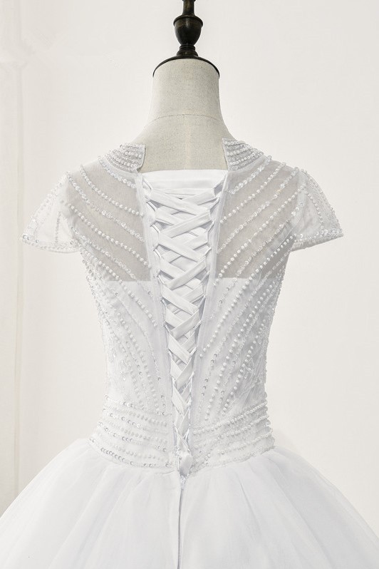 BMbridal Chic Ball Gown Jewel White Tulle Lace Wedding Dress Short Sleeves Rhinestones Bridal Gowns Online-BMbridal