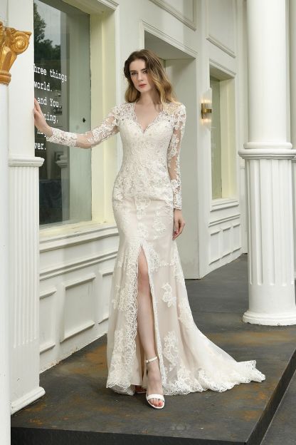 BMbridal Exquisite Sheath V-Neck Long Sleeves Wedding Dress With Slit