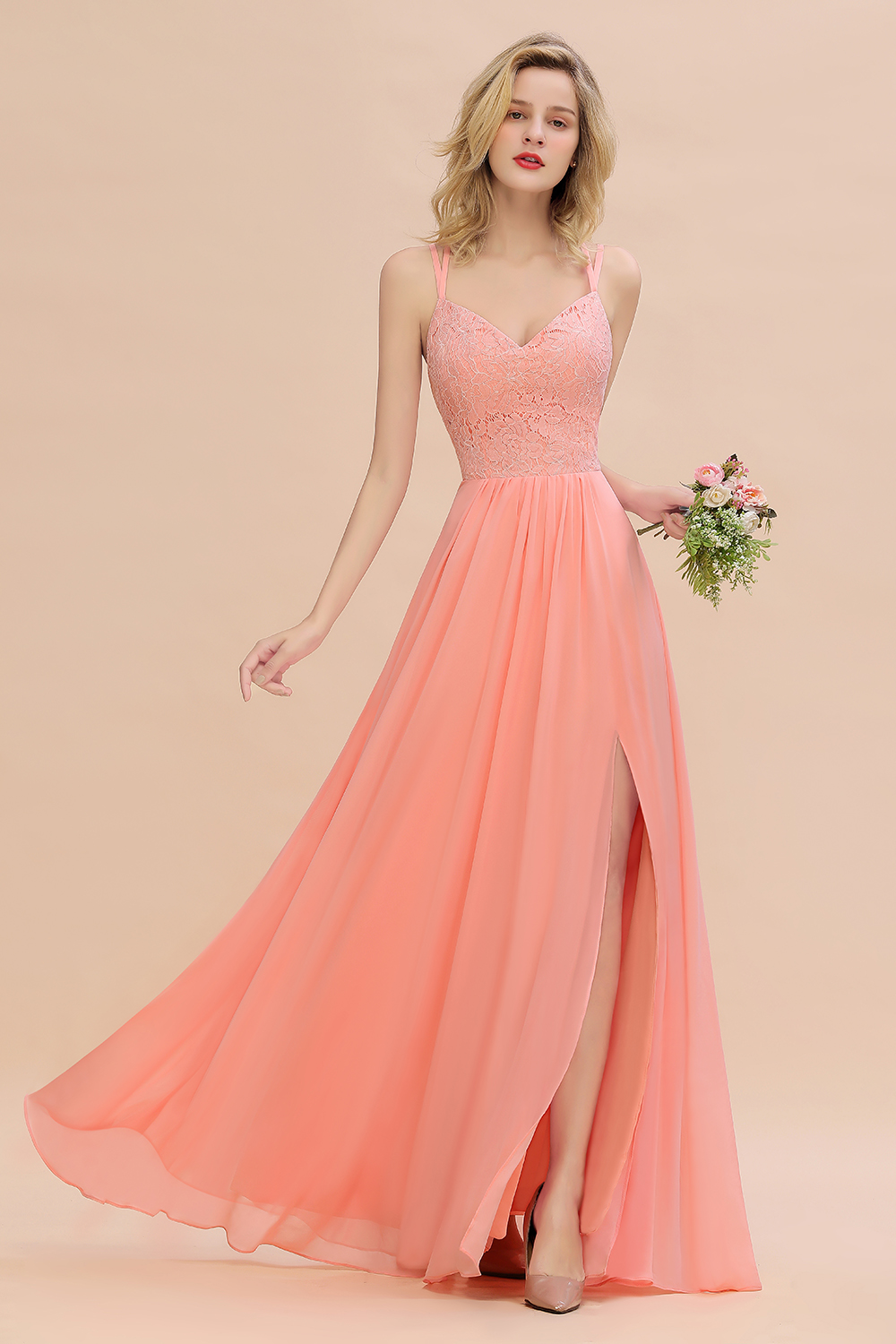 BMbridal Spaghetti Straps Coral Lace Bridesmaid Dresses with Slit Bmbridal