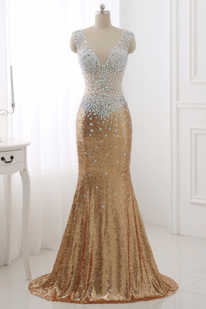 BMbridal Sparkly Sequined V-Neck Burgundy Mermaid Prom Dresses with Rhinestone Top