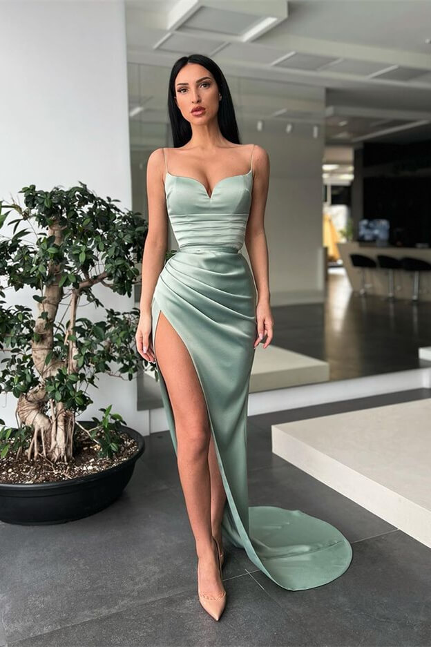 Bmbridal Dusty Sage Spaghetti-Straps Prom Dress Mermaid Long With Split