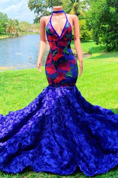 Bmbridal V-Neck Royal Blue Prom Dress Mermaid Sleeveless With Flowers
