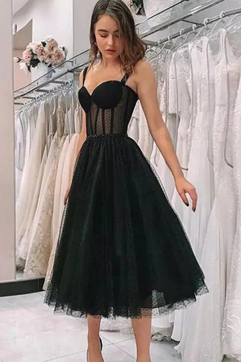 Black Polka Dots A Line Homecoming Dress  BMBRIDAL