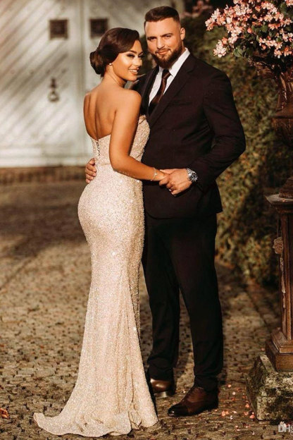 Bmbridal Strapless Sequins Prom Dress Mermaid Long With Slit