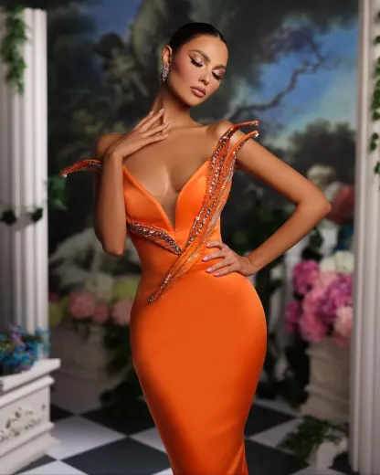 Bmbridal Orange Mermaid Prom Dress Sleeveless Sequin Dress