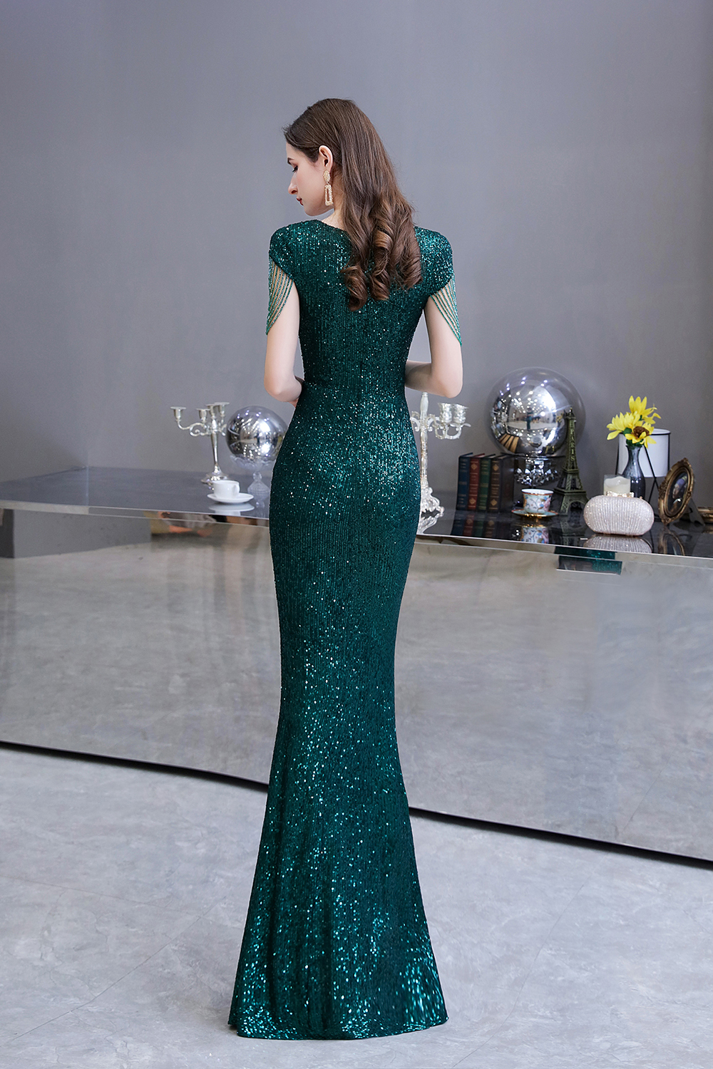BMbridal Elegant Cap Sleeve Green Prom Dress Sequins Long Evening Gowns Online