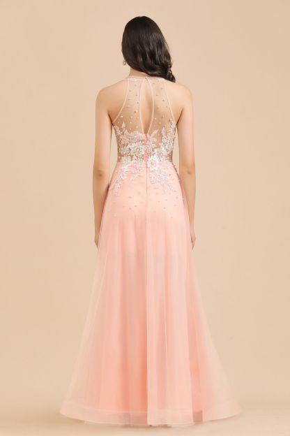 BMbridal Round Neck Lace Appliques Long Evening Prom Dress