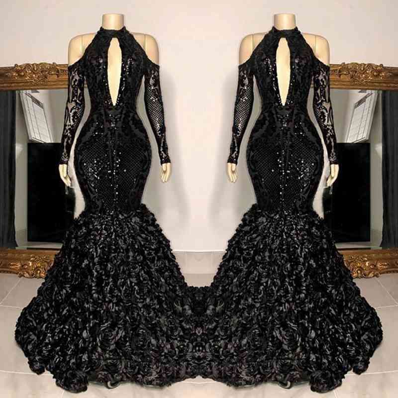 BMbirdal High Neck Black Prom Dress Mermaid Long Sleeve With Flowers Bottom