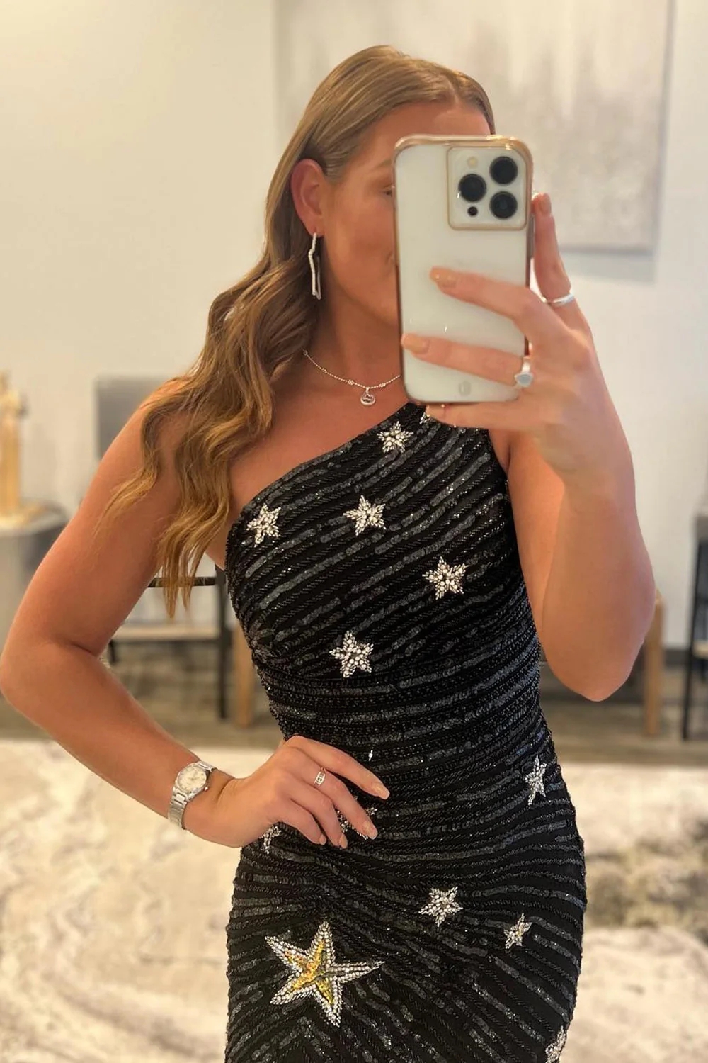 Sheath One Shoulder Black Sequins Short Homecoming Dress with Star BMBRIDAL Sheath One Shoulder Black Sequins Short Homecoming Dress with Star BMBRIDAL