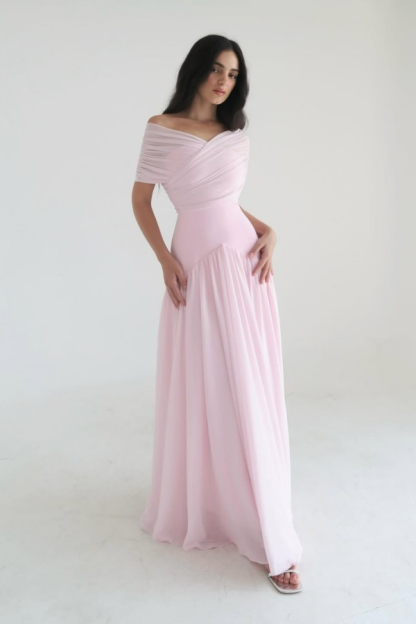 Chiffon Off the Shoulder Sleeveless Long Prom Dress With Pleated