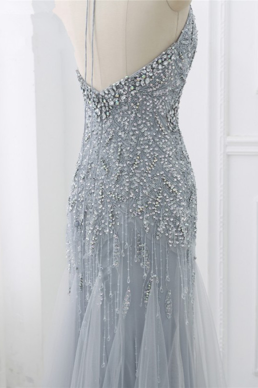 BMbridal Elegant Tulle Halter Rhinestones Mermaid Prom Dresses Sleeveless Appliques Online