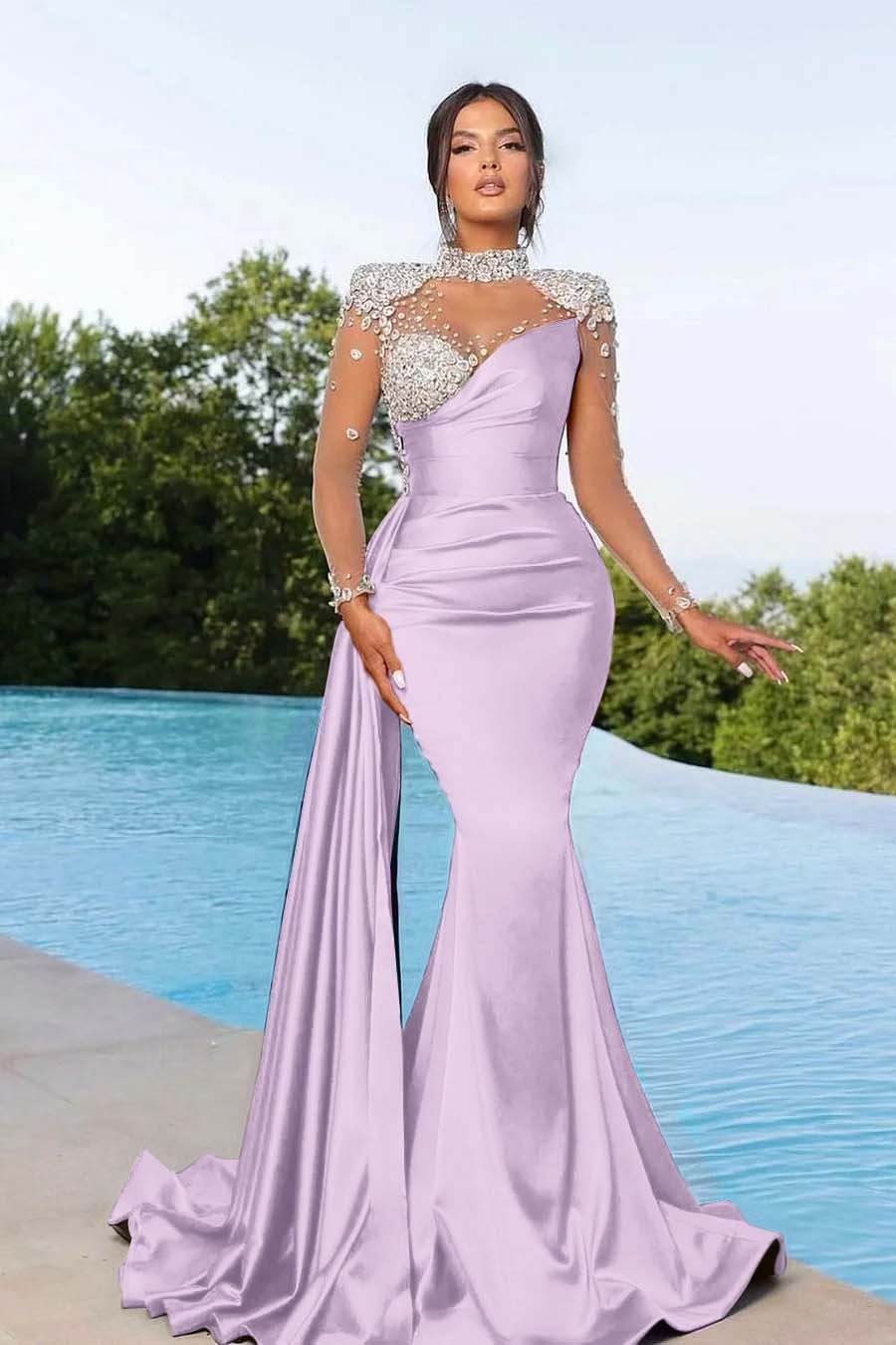 Bmbridal Purple Long Sleeves Evening Gown Mermaid Ruffle With Crystals