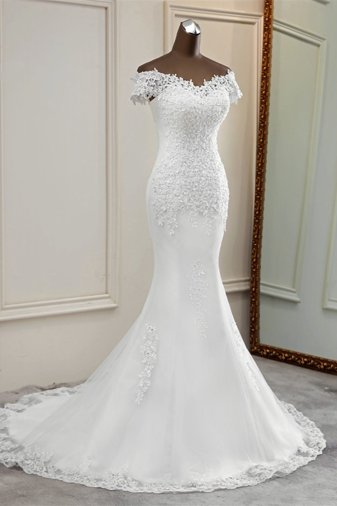 BMbridal Glamorous Sweetheart Lace Beading Wedding Dresses Short Sleeves Appliques Mermaid Bridal Gowns-BMbridal