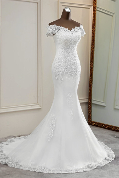 BMbridal Glamorous Sweetheart Lace Beading Wedding Dresses Short Sleeves Appliques Mermaid Bridal Gowns-BMbridal