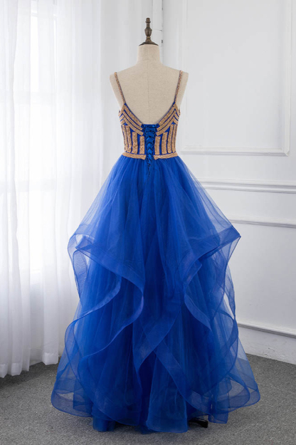BMbridal Elegant Spaghetti Straps V-Neck Sleeveless Prom Dresses with Rhinestone Ruffles
