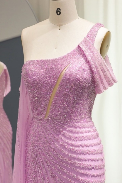 Bmbridal Split Front A-Line Lilac One Shoulder Floor-Length Prom Dresses with Ruffles