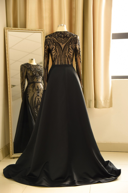BMbridal Elegant Jewel Sequined Mermaid Prom Dresses Long Sleeves Appliques Party Dress with Overskirt-BMbridal