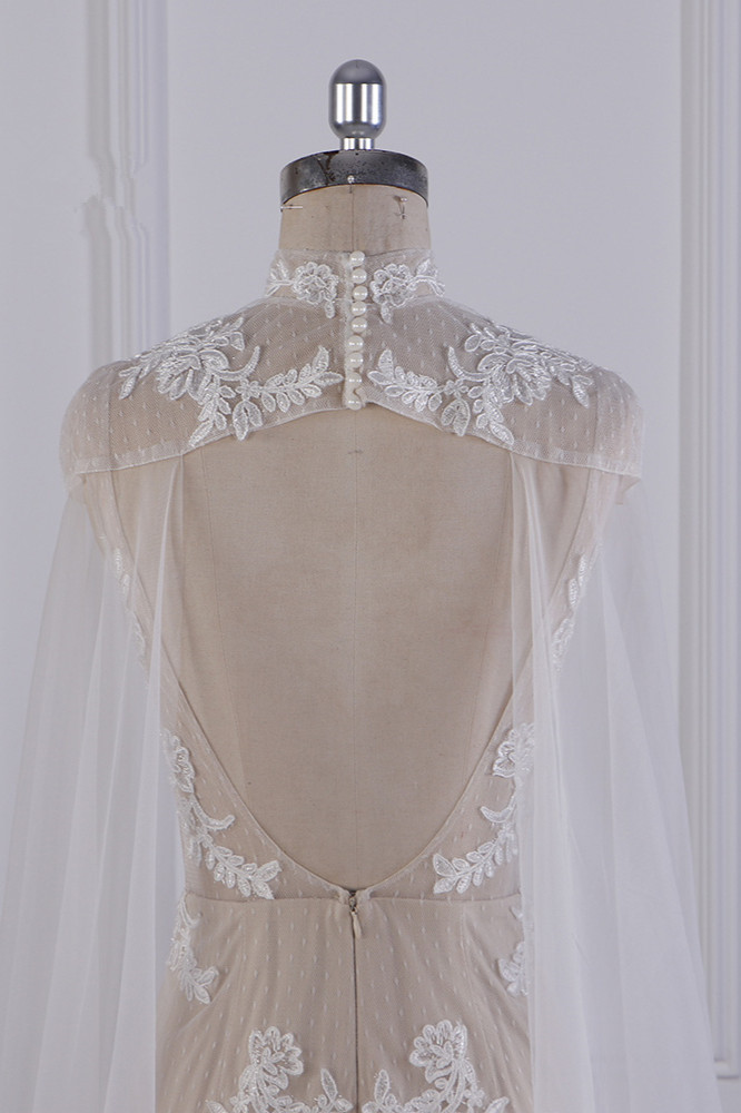 BMbridal Chic High-Neck Tulle Champagne Wedding Dress Mermaid Sleeveless Appliques Bridal Gowns Online-BMbridal